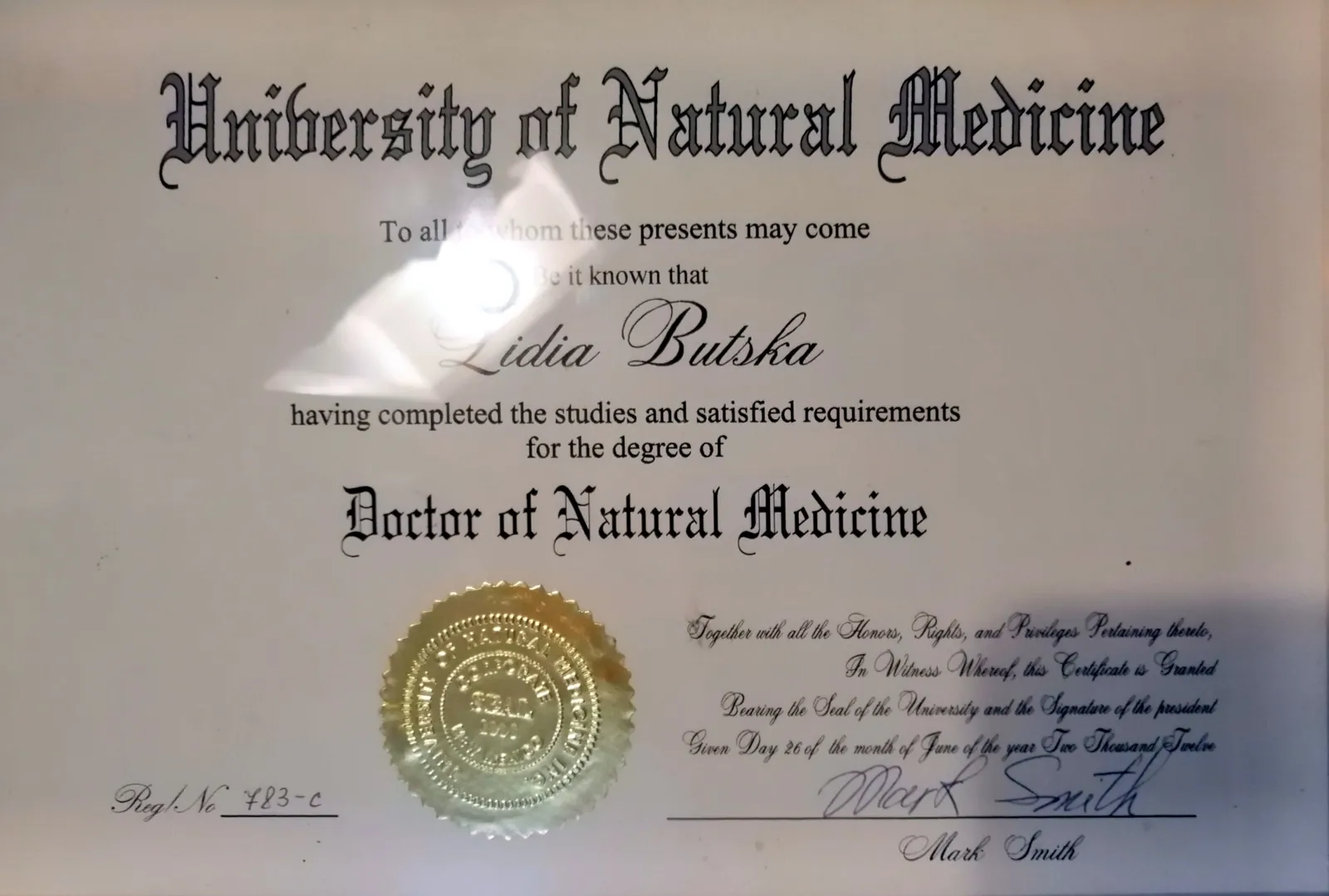 Диплом Doctor of Natural Medicine